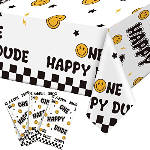 Newwiee 3 Pcs One Happy Dude Birthday Party Tablecloths 51 x 108 Inch One Happy Dude Table Cover Smile Face Plastic Table Cloths Party Decor 1st Birthday Baby Shower Supplies