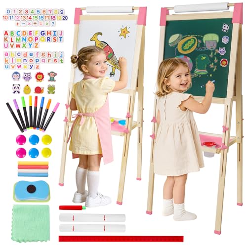 Chevalet Enfant en Bois Double Face avec Rouleau à Papier - Tableau Blanc & Noir Réglable -...
