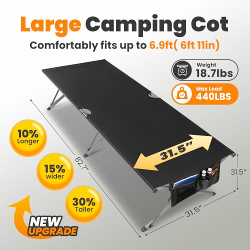 Image of Join Nature Oversized Camping Cot Foldable for Adults, Supports 450 lbs | Easy-to-Assemble Sleeping Cot with Storage Bag, Fits Up to 6.9 ft, Portable for Outdoor Camping, 82 inch L x 32 inch W, Black