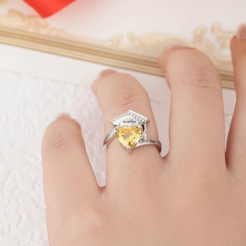 NICEDREAM Custom Class Ring with Graduation Cap for Women Men Graduation Hat Ring with Birthstone for Her 2026 Silver Gold Junior Grad Ring Personalized Engraved High School University College Rings