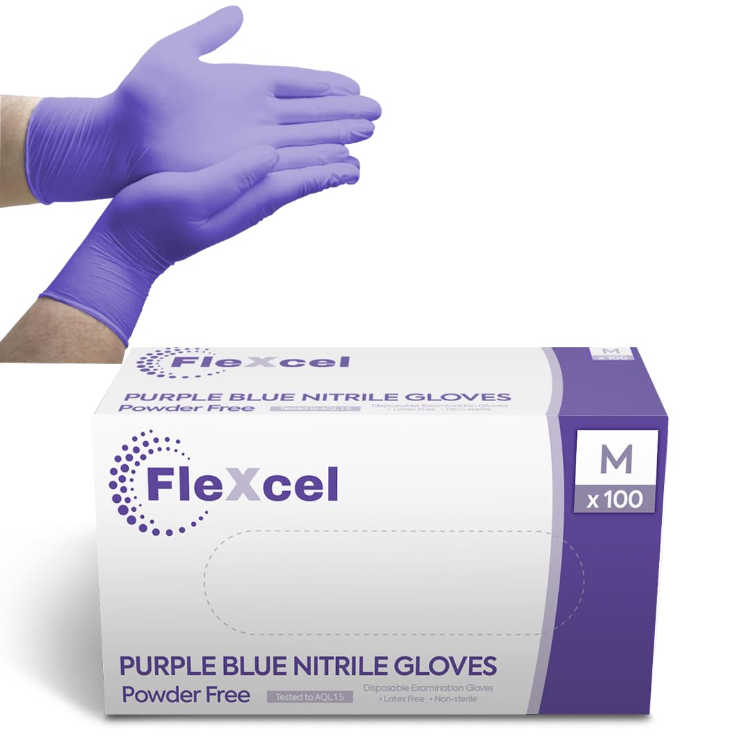FleXcel Purple Nitrile Gloves (Box of 100) Size Medium - Multipurpose Powder Free, Latex Free, Medical Grade, Food Safe Examination Gloves - AQL 1.5 PPE Regulation 2016/425 Category III Certified
