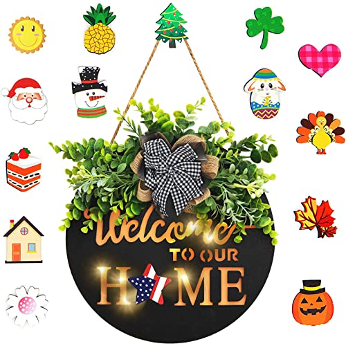 Interchangeable Welcome Sign Front Door Decor,Wingaye Spring Summer Wood Wreath With 15 Pcs Holiday Icons,All Seasons Welcome Wreath Porch Hanging Decoration With Lights For Home Farmhouse #TOP1