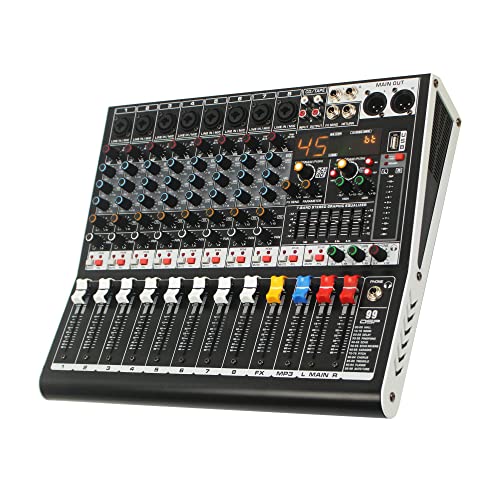 Micfuns Consola profesional de audio DJ de 8 canales con interfaz USB Bluetooth, alimentación phantom de 48 V, tarjeta de...