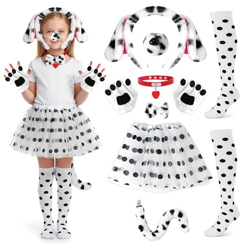 E1mity 8 Stück Dalmatiner Kostüm-Set für Damen Mädchen Welpen Fancy Dress mit Rock Ohren Nase Schwanz Handschuhe Süßes Hunde-Verwandlungs für Halloween Karneval Weltbuchtag 100th Schule Tier Cosplay