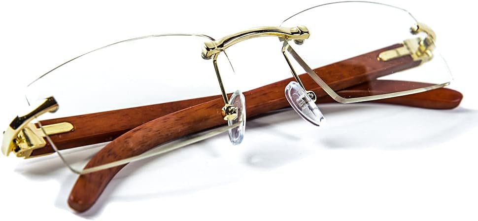Vintage Small Retro Rimless Clear Lens Gold Frame Hip Hop Sunglasses Rectangle Men Women Frameless 90’s Shades Woodgrain Arm Sun Glasses Fashion Frameless Square Clear Tinted Glasses