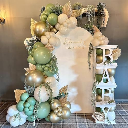 Image of Sage Green Gold Balloons, 60 Pcs 12 Inch Olive Green White Balloons with Metallic Gold Confetti Balloon for Birthday Wedding Baby Shower Bridal Shower Engagement Anniversaries Party Decorations