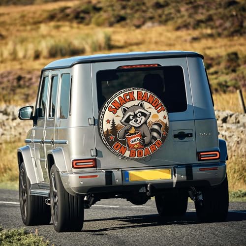 Image of Funny Raccoon Spare Tire Cover, Snack Bandit On Board Printed Tire Cover for SUVs RVs Trailers Campers Trucks, Outdoor Spare Wheel Protector（14 inch for Diameter 23 inch-27 inch）