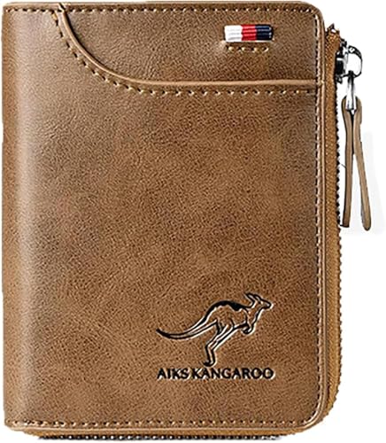Men Wallet Zipper Purse (RFID PROTECTED), Aiks Wallets, Mens RFID Blocking Leather Wallet Credit Card ID Holder Zipper Purse Waterproof (Retro Brown)