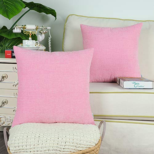 Image of CaliTime Pack of 2 Cozy Throw Pillow Covers Cases for Couch Sofa Home Decoration Solid Dyed Soft Chenille 18 X 18 Inches Candy Pink