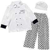 Xuomuen Kids Chef Costume Set with White Jacket, Checkered Pants and Chef Hat, 3-Piece Cook Dress Up Outfit, 3T