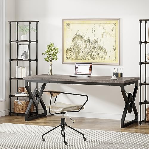 Image of Tribesigns 63 inch Executive Desk, Industrial Computer Desk for Home Office | Large Office Table with Metal Frame, Large Tabletop, Modern Simple Workstation Writing Table Study Desk, Grey