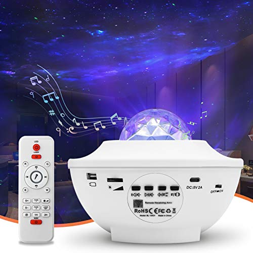 Auxmir Galaxy projectorlamp, led oceaan golf nachtlampje, slimme bluetooth-luidspreker, afstandsbediening en timing-functie, 360 ° draaiend sfeerlicht voor podium, slaapkamer, feest, kinderen, wit