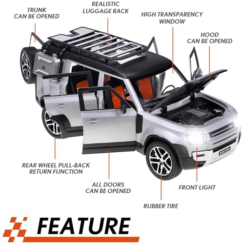 Image of New 1:24 L Rover Defender Toy Car Diecast Alloy Metal Defender Car Pull Back Cars with Openable Doors Music Sound and Light Vehicle Toy Cars for Kids Boys (Silver)