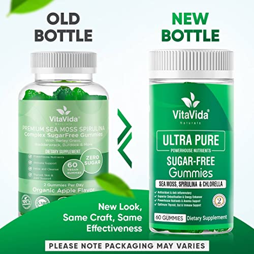 Vvnaturals Sugar-Free Cracked Cell Wall Chlorella, Spirulina Seamoss Gummy |For Immune, Detox, Thyroid, Joint Support Alkaline Supplement, Keto- Gut For Women & Men| Non-Gmo|Usa Made -60 Vegan Gummies #TOP5