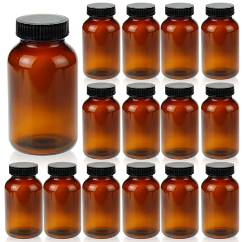 SERHICS 250 ml(8.3 OZ) Amber Glass Wide Mouth Packer Bottle with Black Ribbed Cap, Pack of 24 bottles