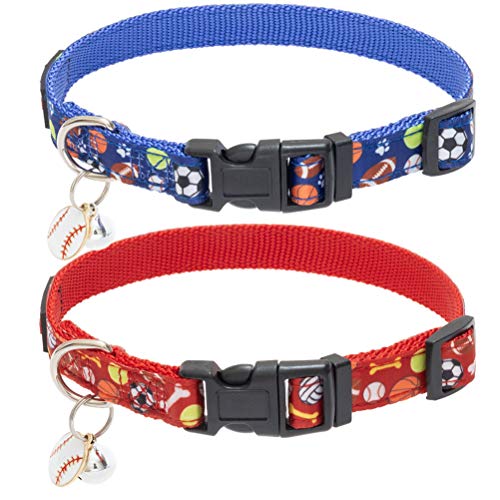 BINGPET Dog Collar for Small Dogs - Baseball Accessories with Bell - 2 Pack Adjustable Soft Doggy Collar with Ball and Bone Footprint Elements Pattern, Fit for Small Medium Large Dogs, Cats.