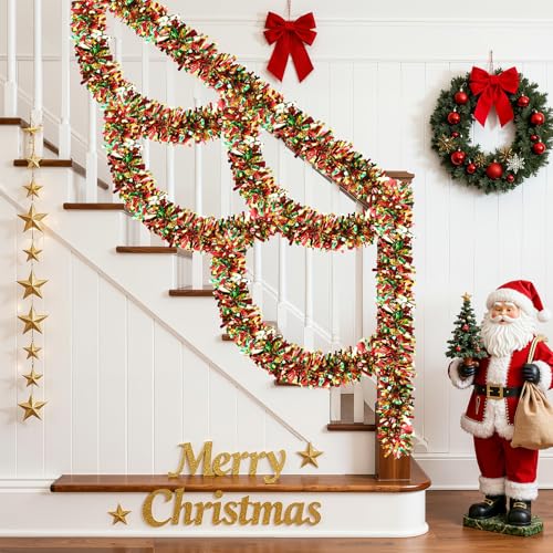 Image of 50FT Christmas Tinsel Garland, Red Green&Gold Metallic Twist Shiny Hanging Garland Ornaments for Christmas Tree, Party Supplies Thick Metallic Xmas Streamers