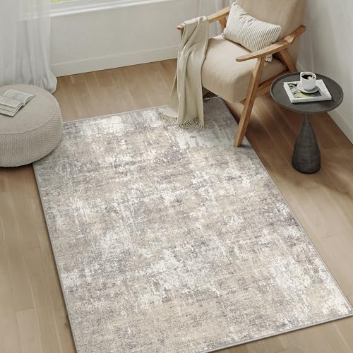Machine Washable Area Rug 4x6 Beige Gray Modern Abstract Neutral Office Door Mat Indoor Accent Low Pile Carpet Distressed Throw Rug Bedroom Living Dining Room Kitchen Non Slip