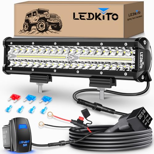 12 inch LED Light Bar Kit with 5 Pin Rocker Switch Wiring Harness Triple Row Flood Spot Combo Off Road Driving Fog Lights LED Bar Work Lights for Trucks UTV ATV Tractor Golf Cart Boat