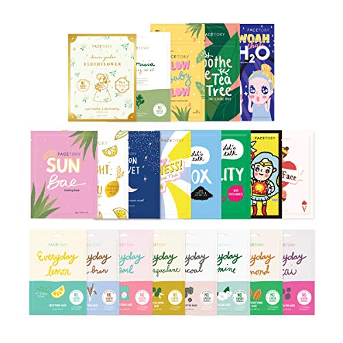 FaceTory Face Sheet Mask Bundle with 21 Facial Korean Skin Care Sheet Masks | Hydrating, Radiance Boost, Calming, Moisturizing, Balancing