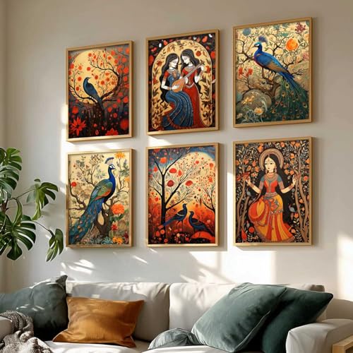 Image of kotart Premium Digital Madhubani Art Paintings with Frame for Home Decor - Framed Painting for Living Room Bedroom Office Room Decor - Painting for Wall Decoration - Pack of 6 (10X13 inch)