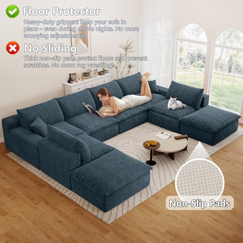 Image of 136 inch Cloud Couch Modular Sectional Sofa for Living Room, U-Shape Boneless Couch with Deep Seat, Modern Corduroy 6-Seater with Ottomans, No Assembly Required, Blue