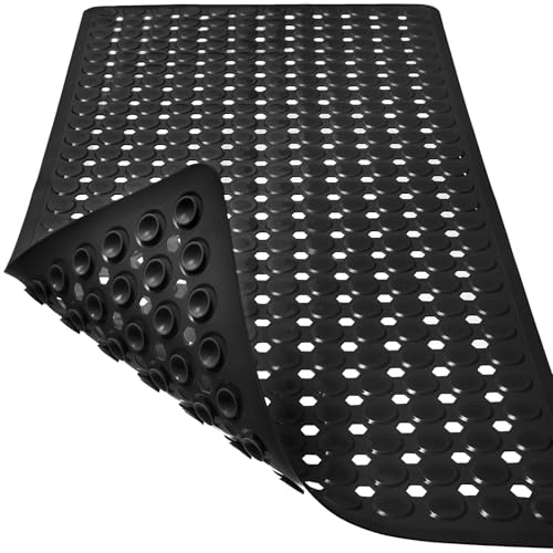 TEESHLY Bath Mat for Tub & Shower Non Slip Soft Bathmat with Suction Cups & Drain Holes Machine Washable Bathtub Floor Liner Mats for Bathroom 35x16 Inch Black