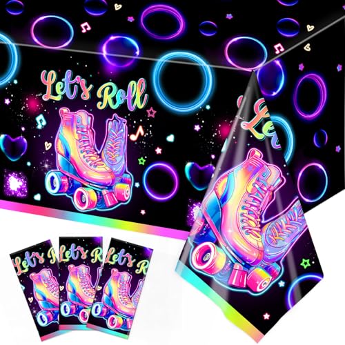 Image of LINHAXM 3 Pack Roller Skating Tablecloths, Roller Skating Party Decorations, Let's Roll Tablecloth for Roller Skate Birthday Party Decorations, 54 x 108 Inch