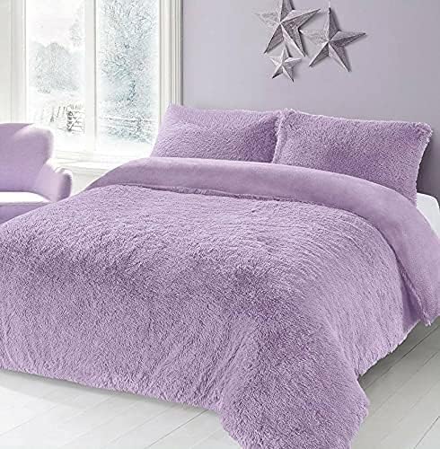 Voice7 Luxury Cuddles Long Pile Fur Teddy Fleece Duvet Cover with 2 Pillow Cases - Soft Warm Cosy Fluffy Quilt Covers Winter Bedding (Lilac, Super King Duvet Cover Set)