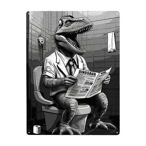 Divertido letrero de metal de dinosaurio para baño, arte de pared de dinosaurio, leer periódico, decoración de pared de baño de dinosaurio para sala de estar, baño, cocina, póster de decoración de 12