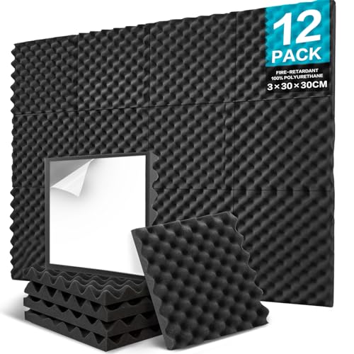 JBER 12 Stück Akustikpaneele Selbstklebend, Schallschutzplatten 30 x 30 x 3 cm, Hochdichte Akustikschaumstoff Wandpaneele für Aufnahmestudio, Heimbüro, Schlafzimmer, Spielzimmer
