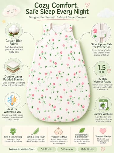 Image of TuddyBuddy Baby Cotton Wearable Quilted Sleeping Bag Blanket 1.5 Tog with 1 Way Zipper Closure | Ideal for Babies & Kids Hypoallergenic Fabrics | (Pink Floral & Leaves - Ribbed White, 6-12 Months)