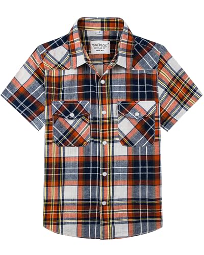 TUNEVUSE Boys Western Shirts Pearl Snap Short Sleeve Casual Plaid Button Down Kids Shirt 100% Cotton Navy Blue 11-12Y