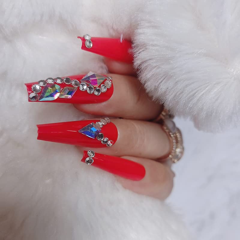 Miniatura 2 de Uñas postizas a presión rojas de lujo con diamantes de imitación, uñas postizas cuadradas extralargas, 24 unidades, brillantes, cobertura completa,