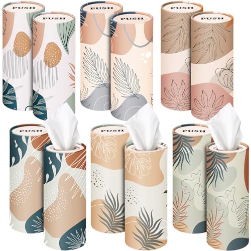 Outus 12 Pcs Boho Car Tissues Cylinder Holder with 3 Ply Facial Tissue Bulk Black White Round Tissue Holder Travel Tissues Boxes Container for Car Cup Wedding Birthday Party