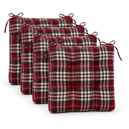 Image of VAS COLLECTIONS Pack of 4 Chair Pad Cushions with Tie Straps, Tufted Seat Cushions for Dining, Office & Wooden Chairs, Soft Comfortable Chair Pads with Durable Stitching, 16 x 16 Inches - Crimson Red