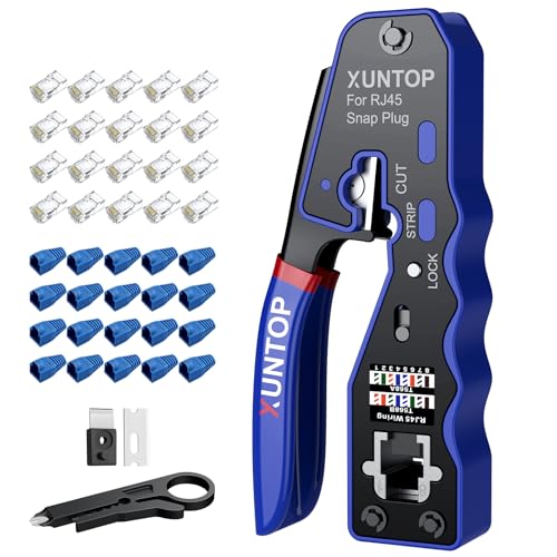 XUNTOP Crimpadora RJ45 Herramienta de Crimpado para Cat5 Cat5e Cat6 Cat6a Ethernet Comprobador de Cable de Red con 20 RJ45 Cat6 Cabezas de Cristal de Paso y 20 Fundas Azules