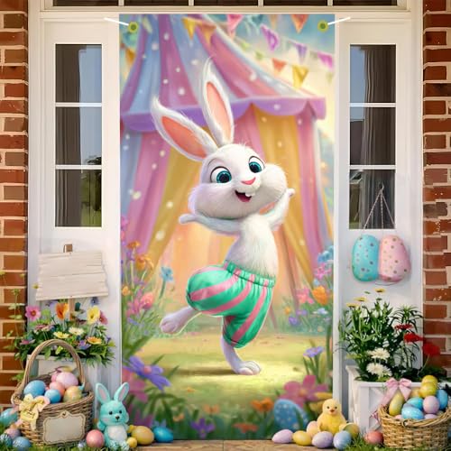 Image of Happy Easter Door Cover Dancing Bunny Banner Carnival Style Spring Front Door Decorations Home Party Outdoor Decor 35.4x71 Inch