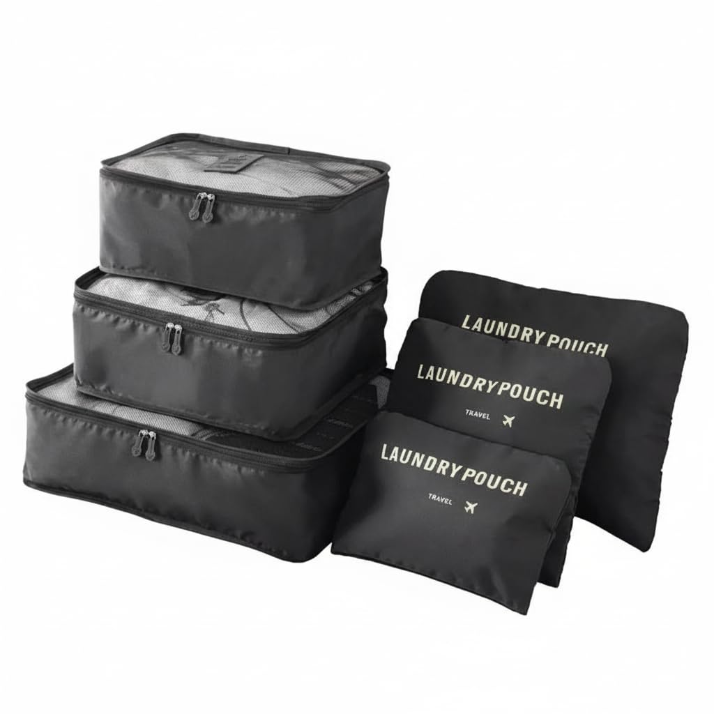 6-Piece Travel Packing Cubes Set - Luggage Organizer Bags with Mesh & Solid Pouches - Waterproof & Dustproof Storage for Clothes & Essentials (Black)