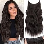 KooKaStyle Invisible Wire Hair Extensions with Transparent Wire Adjustable Size 4 Secure Clips Long Wavy Secret Hairpiece 20 Inch Dark Brown for Women