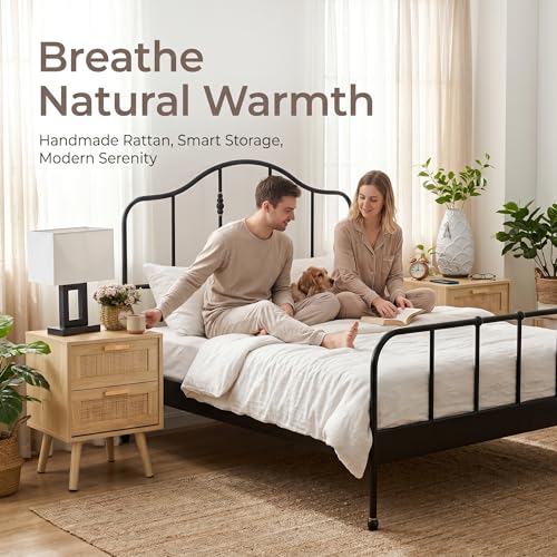 Finnhomy Nightstands Set of 2, Night Stands Set 2 with Hand Made Rattan Decorated Drawers, Nightstand, End Table, Bedside Tables Set of 2 for Bedroom, Natural, 2 Pack