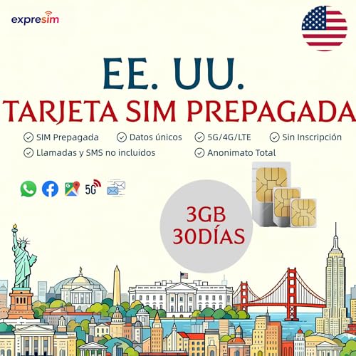 Tarjeta SIM para USA | Solo Datos Prepago | 3GB por 30 Días | Alta Velocidad 5G/4G/LTE | SIM 3 en 1 (Estándar/Micro/Nano) | Sin Contrato y Sin Cargos de Activación | No Se Requiere Registro