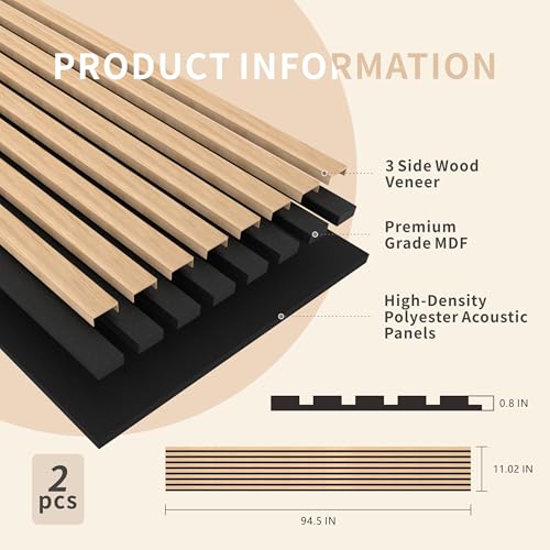 MSXTE 2-Pcs 94.5"x11.02" Wood Panels for Interior Wall Decoration,Wooden Slat Panels for Noise Reduction,Sound Panels with Solid Wood Veneer,Long Square Acoustic Panels for Home,Office,Natural Oak