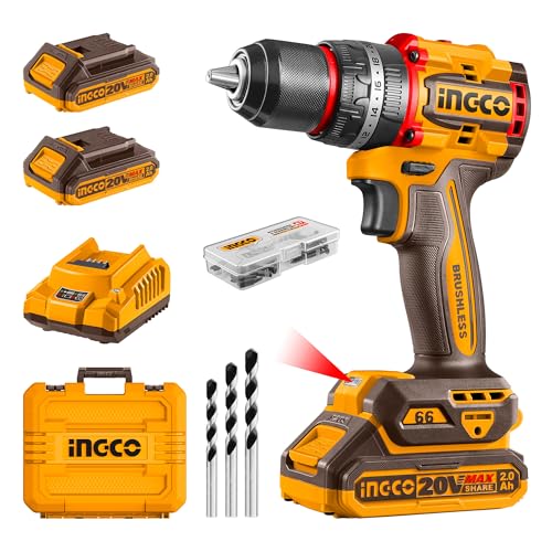 INGCO 20V Cordless Impact Drill 66NM, Brushless Motor, 22+1+1, 30000 bpm, Electric Drill With 2Pcs Battery And Charger, 47 Pcs Drill Bits, Packed by Carrying Case