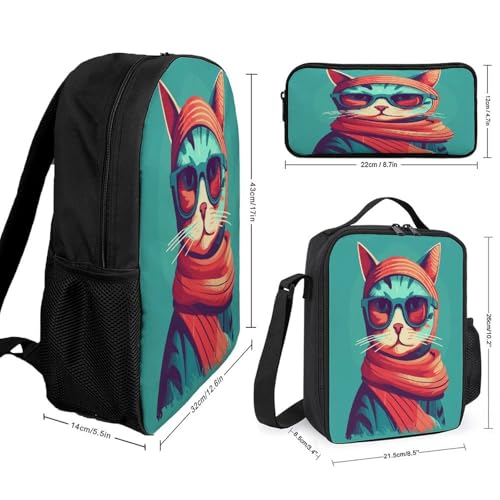 Cat Wearing Sunglasses 3pcs Lightweight Travel Backpack Printed Backpack With Lunch Pack Storage Box Case2