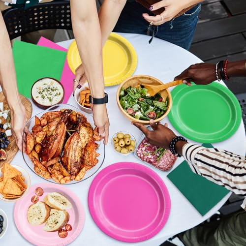 Image of CMUSKO Flamingo Party Decorations - 60pcs Hot Pink Dark Green Plates and Napkins Set Summer Hawaiian Tropical Tableware for Birthday,Bachelorette Party