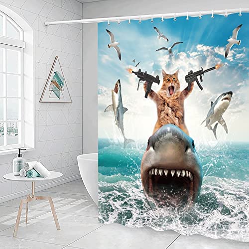 Funny Cat Shower Curtain for Bathroom, Farmhouse Cat Shower Curtains for Bathroom, Cool Cat Riding Shark on Blue Ocean Fabric Waterproof Shower Curtain Sets with Hooks,Navy Blue Beach Themed Curtains Funny Cat Shower Curtain for Bathroom, Farmhouse Cat Shower Curtains for Bathroom, Cool Cat Riding Shark on Blue Ocean Fabric Waterproof Shower Curtain Sets with Hooks,Navy Blue Beach Themed Curtains