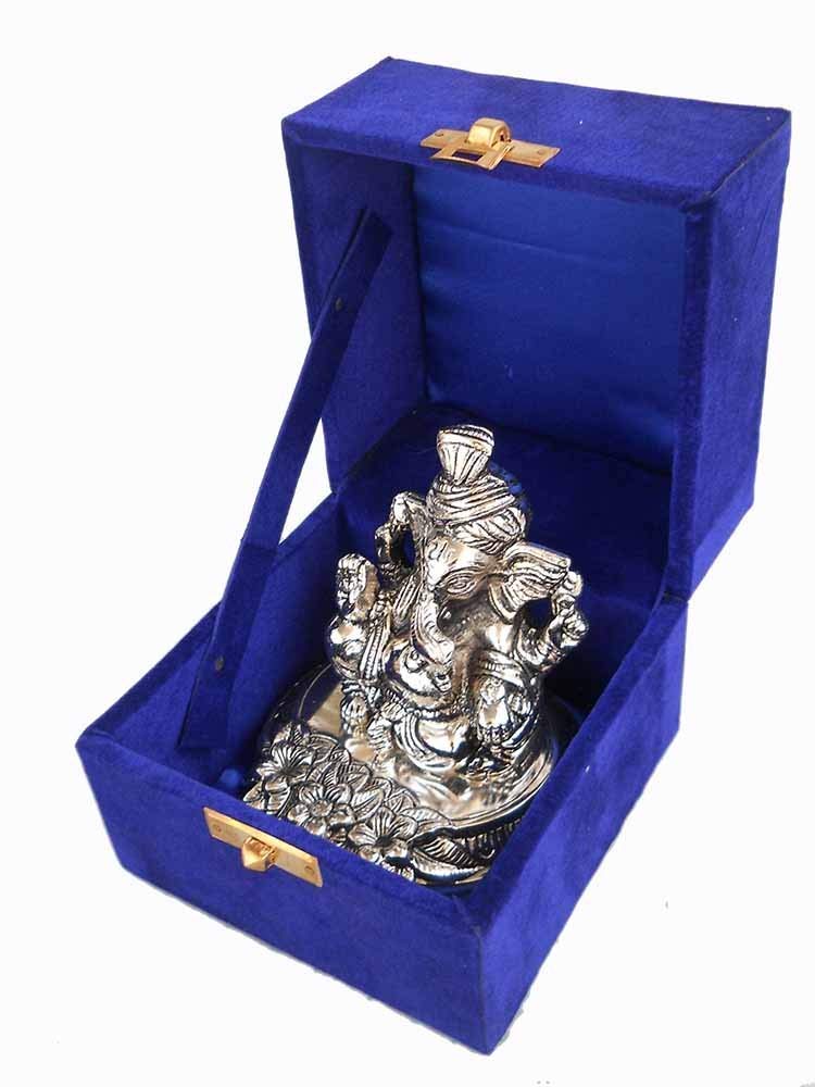 ERA INNOVATIVE GIFTING Pagdi Ganesha God Idol in Aluminum Silver Plated Antique Finish Traditional Home Decor Gifting 7x10x9 Cms Beautifully Packed in a Velvet Box