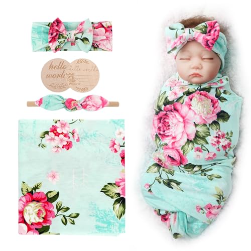 Image of AQOKKA Newborn Receiving Blanket with Bow Hat Headband Wooden Card Set Newborns Toddler Baby Boy Girl Nursery Swaddle Wrap