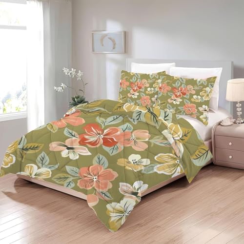 Genérico Edredon Cama 135/150 Patrón de Hojas y Flores, Edredón Nórdico 4 Estaciones 240x220cm, Colcha Transpirable de Microfibra Lavable Verde, 2 Fundas de Almohada sm797